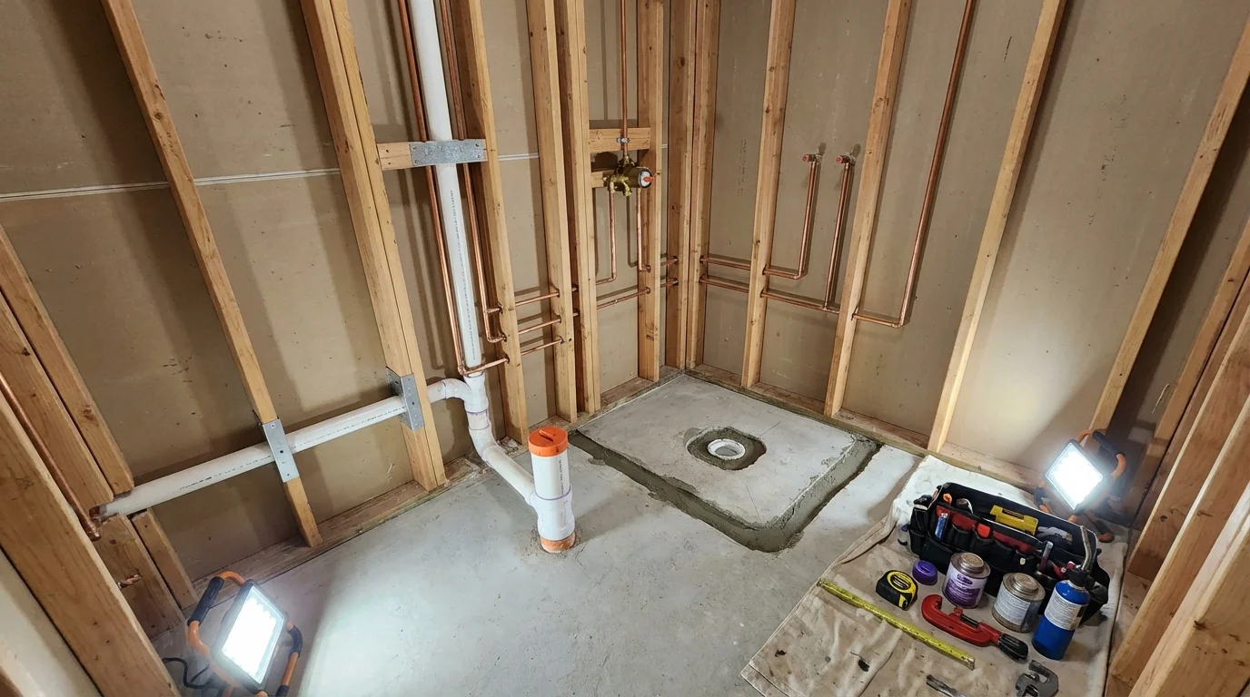 Bathroom rough-in plumbing during remodel by Johns Plumbing LLC in Ferron