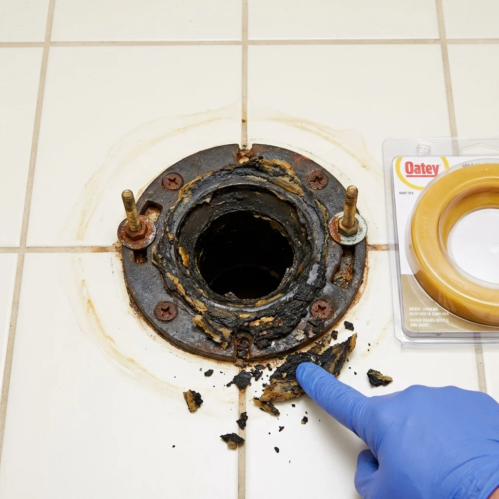Failed wax ring showing water seepage at the base of a toilet in a Ferron, UT home