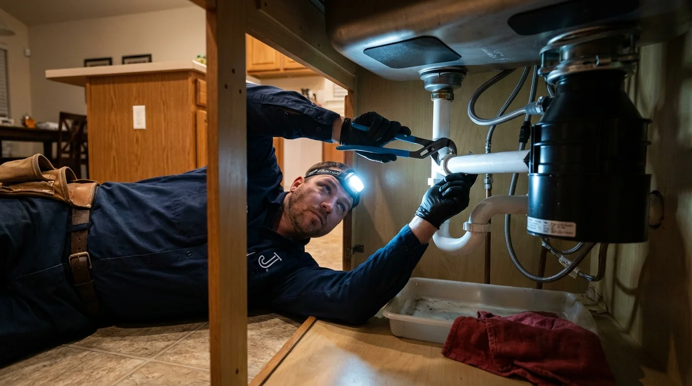 P-trap and supply line connections under a kitchen sink showing a common leak point in Ferron, UT